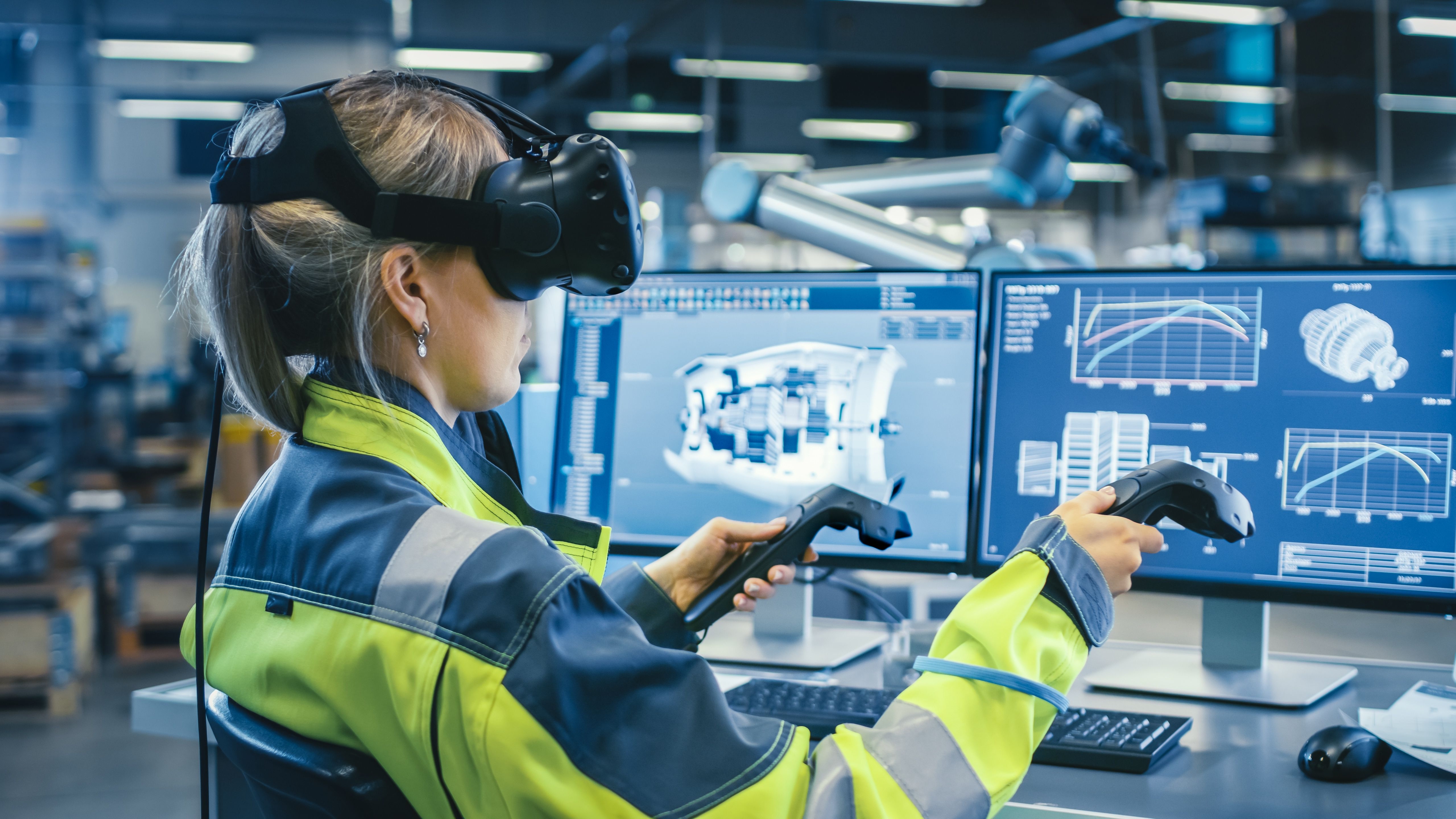 Woman wearing VR glasses at work