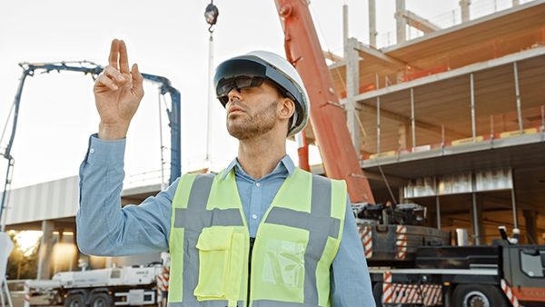 Homem em um canteiro de obras usando óculos de VR