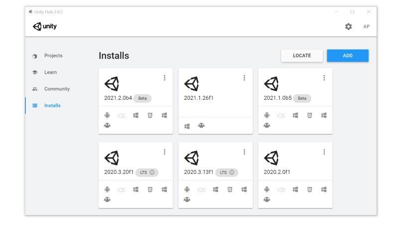 Capture d'écran de l'installation de Unity Hub