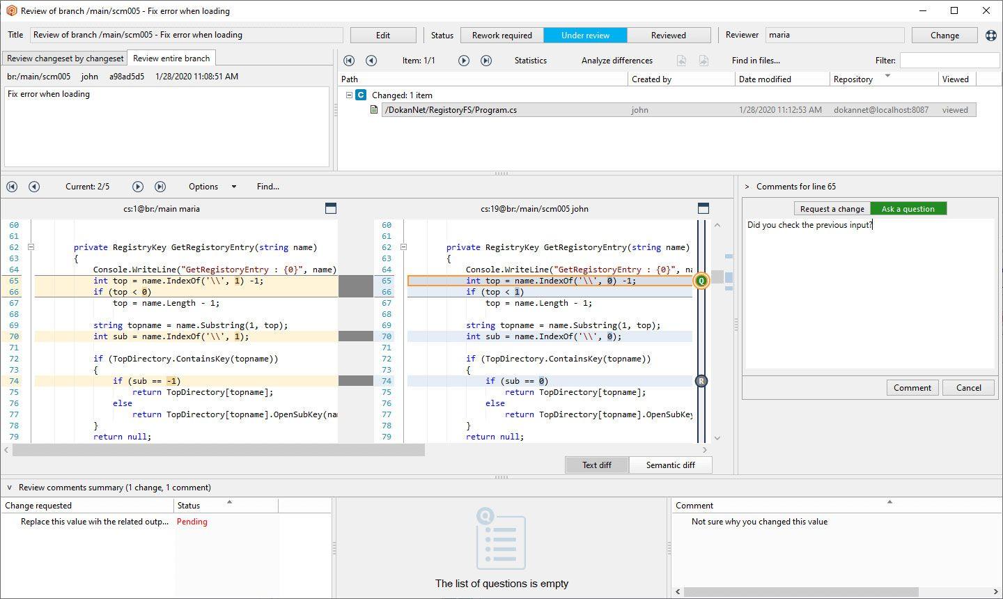 Les revues de code de Plastic SCM sont incluses dans l'interface graphique.