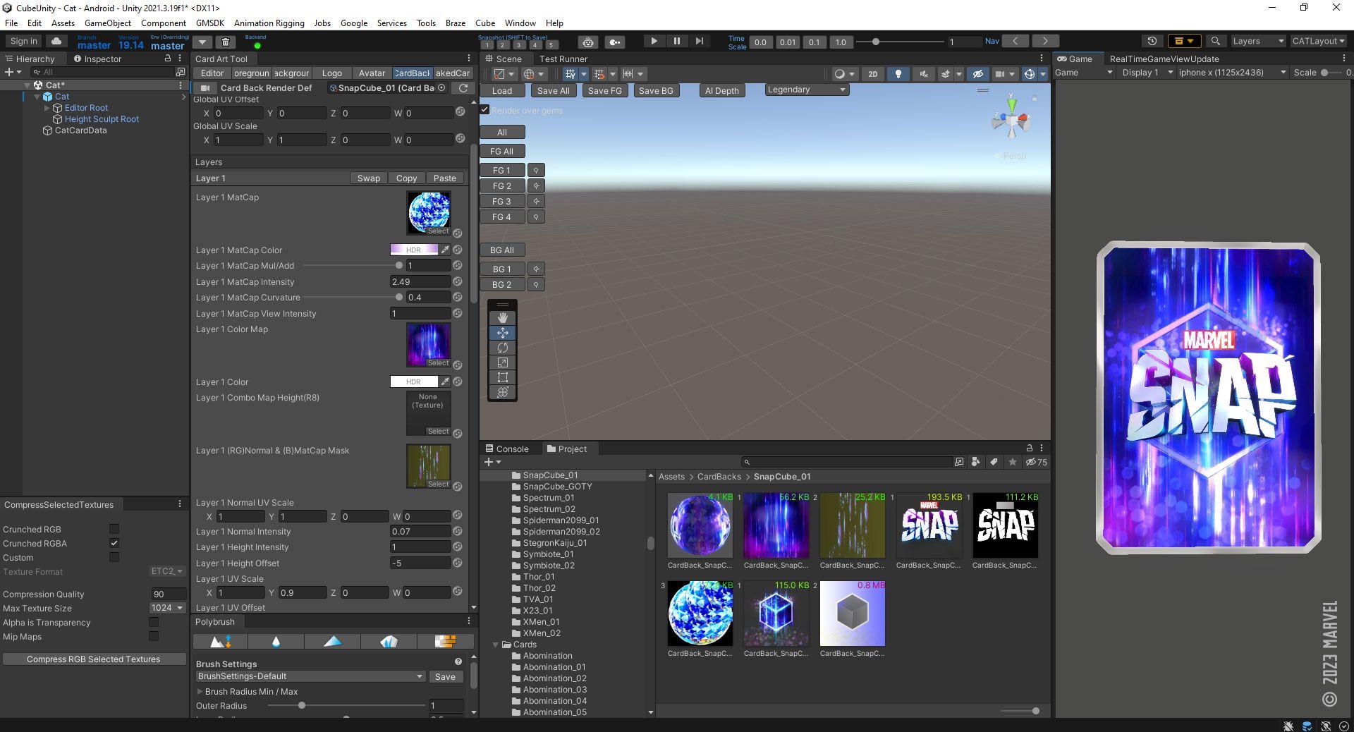 Marvel SNAP cardback en el editor de Unity