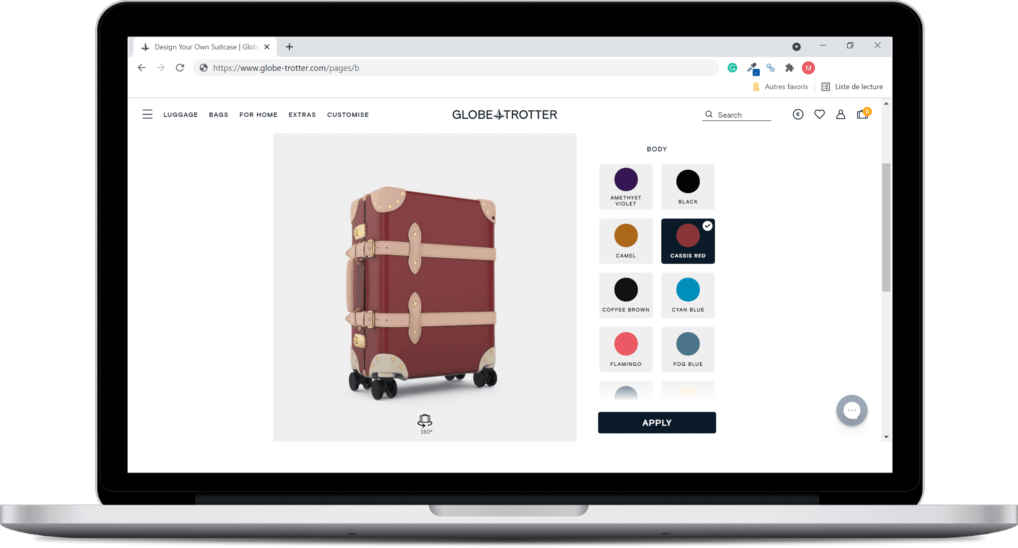 Globe trotter - une capture d'écran du configurateur de produits sur leur site web 