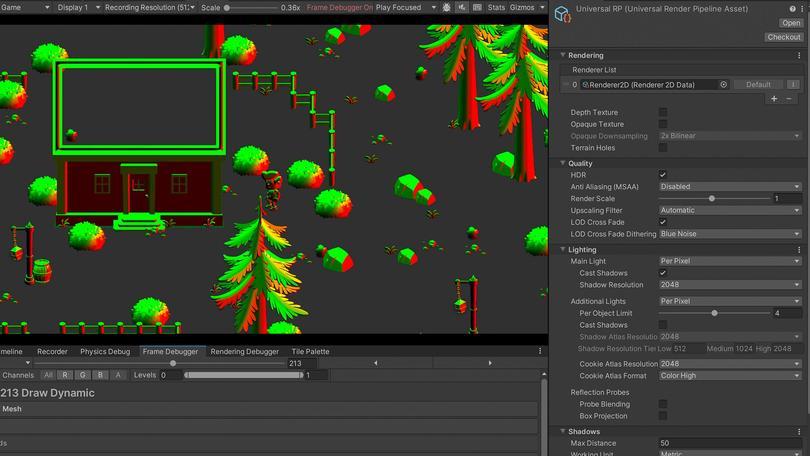 THE 2D RENDERER SETTINGS AS SEEN IN THE FRAME DEBUGGER TO SHOW WHAT’S HAPPENING AT EACH STEP OF RENDERING FRAME