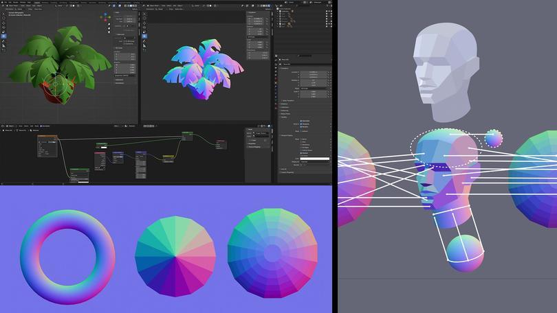 EN PARTANT DU HAUT À GAUCHE : EXEMPLES DE CRÉATION D'UN ACCESSOIRE DANS BLENDER POUR LA GÉNÉRATION D'UNE CARTE DE NORMALITÉ, DE PEINTURE DE LA CARTE DE NORMALITÉ D'UNE TÊTE PAR ÉCHANTILLONNAGE DE COULEURS À PARTIR D'UN MODÈLE, ET D'UN MODÈLE DE FORMES