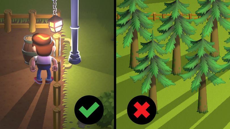 INFINITE SHADOWS IN HAPPY HARVEST: IN THE LEFT IMAGE, YOU CAN SEE HOW THEY WORK WELL IN THE CONTEXT, WHILE IN THE RIGHT IMAGE, THEY APPEAR INCORRECTLY WITH THE GENERAL AMBIENT LIGHTING.