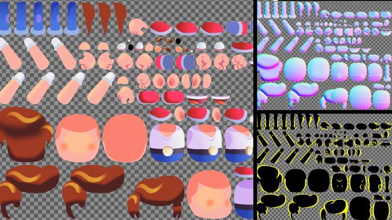 A SPRITE SHEET IMPORTED BY THE PSD IMPORTER WITH THE CHARACTER PARTS IN LAYERS. THE RIGHT IMAGE SHOWS THE PSD FILES ADDED AS SECONDARY TEXTURES FOR LIGHTING PURPOSES.