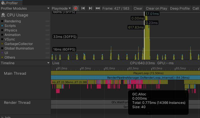 CPU 사용 프로파일러 모듈의 타임라인 보기